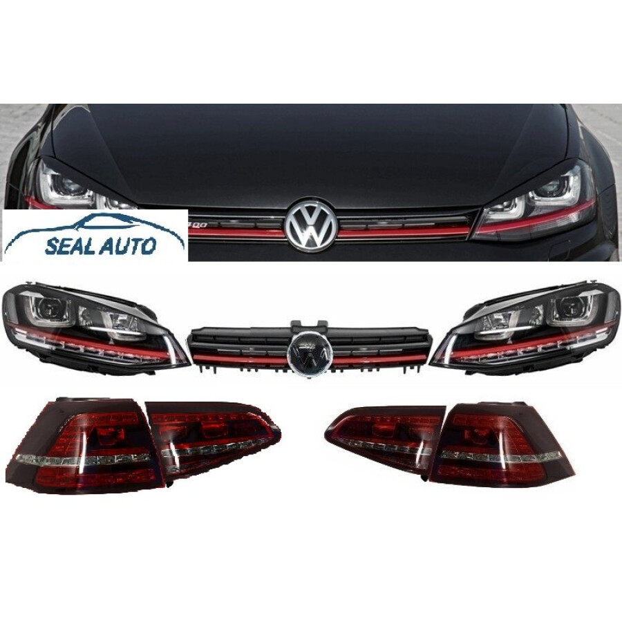 Ansamblu Faruri 3D Semnal LED Stopuri Full LED si Grila compatibil cu VW Golf 7 VII 2012 2017 R20 GTI Design Rosu 1