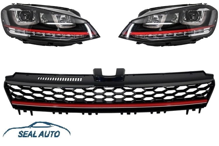 Faruri 3D LED compatibil cu VW Golf 7 VII (2012-2017) R20 GTI Design Semnal Dinamic LED cu Grila Centrala R-Line