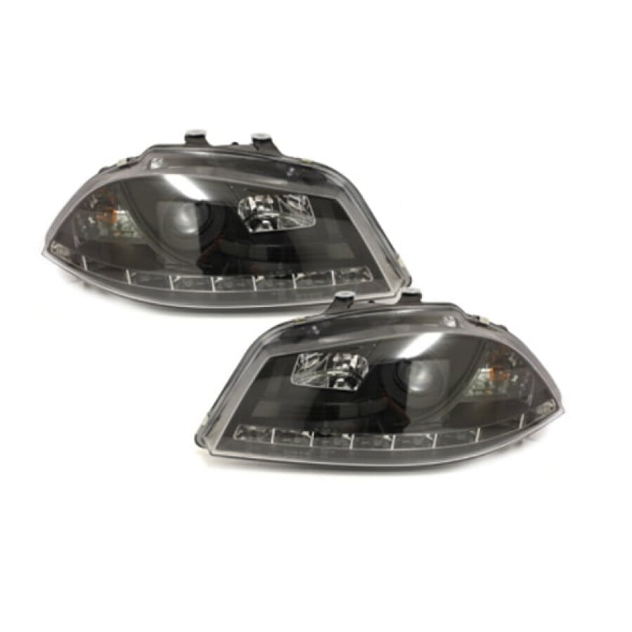 Set 2 faruri D LITE compatibil cu SEAT Ibiza 6L 03 08 echipate cu lumina de zi LED negru 1 1
