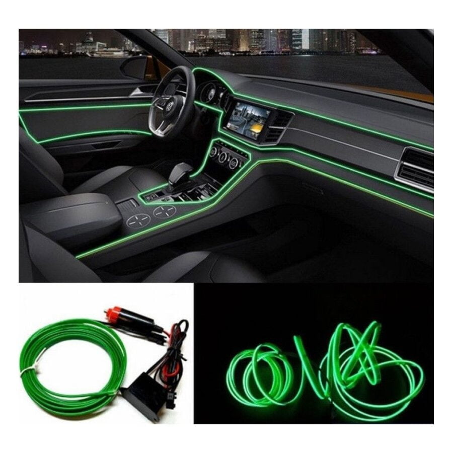 Fir neon auto electroluminiscent El Wire 2m cu lumina Verde cu droser si mufa bricheta HID