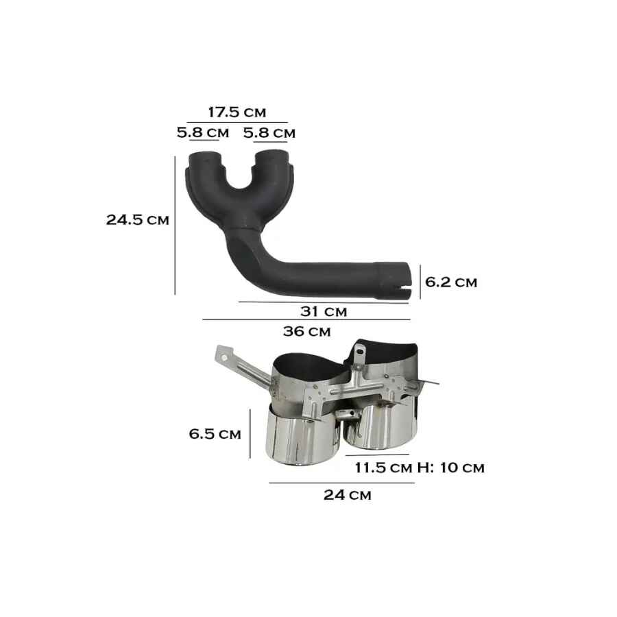 Difuzorul de aer cu evacuare dublă este fabricat din plastic de cea mai bună calitate, având un finisaj negru lucios și o inserție argintie. Ornamentele de evacuare sunt realizate din oțel inoxidabil de cea mai bună calitate, având un finisaj crom.