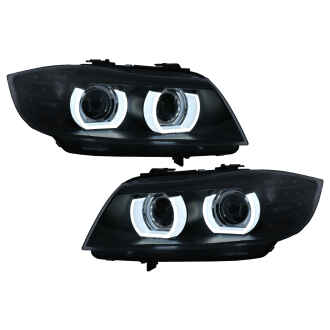 Faruri Xenon 3D Angel Eyes LED DRL compatibil cu BMW Seria 3 E90 E91 (2008-2011) Negru